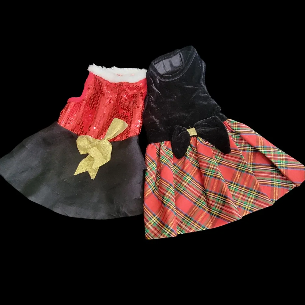 2 Christmas Holiday Party Dog Dress Red Black Sequin Velvet Bows Size Small